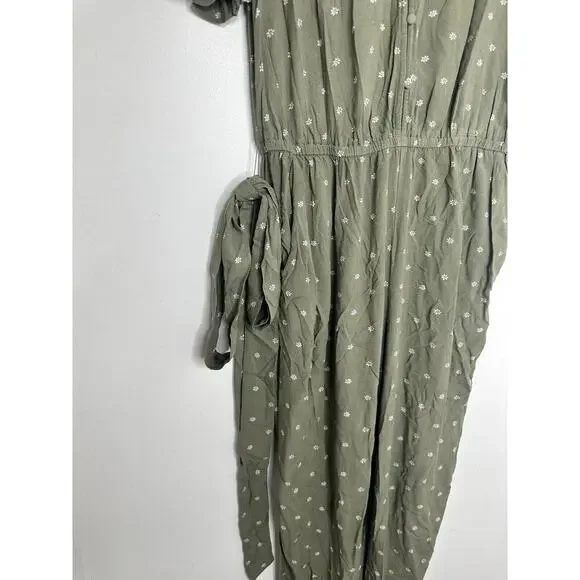 Lucky Brand Womens Sage Green Floral Button Front Short Sleeve Jumpsuit Size M - Picture 3 of 7